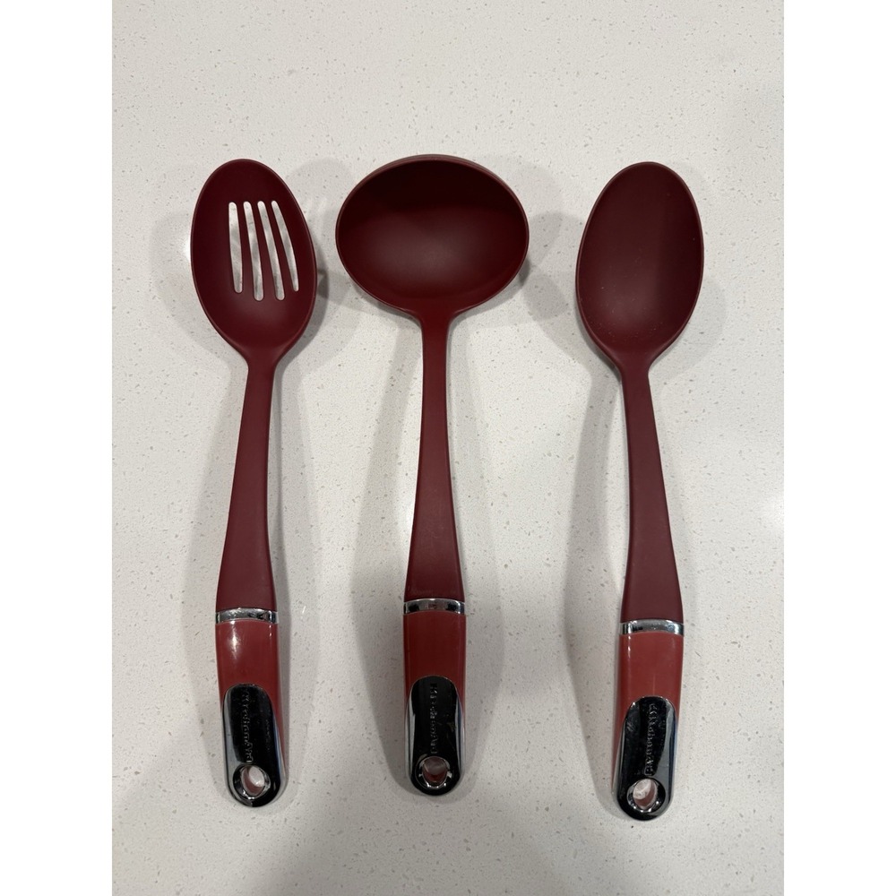 Kitchenaid Lot Of 3 Serving Utensils Maroon Slotted Spoon, Spoon & Ladle